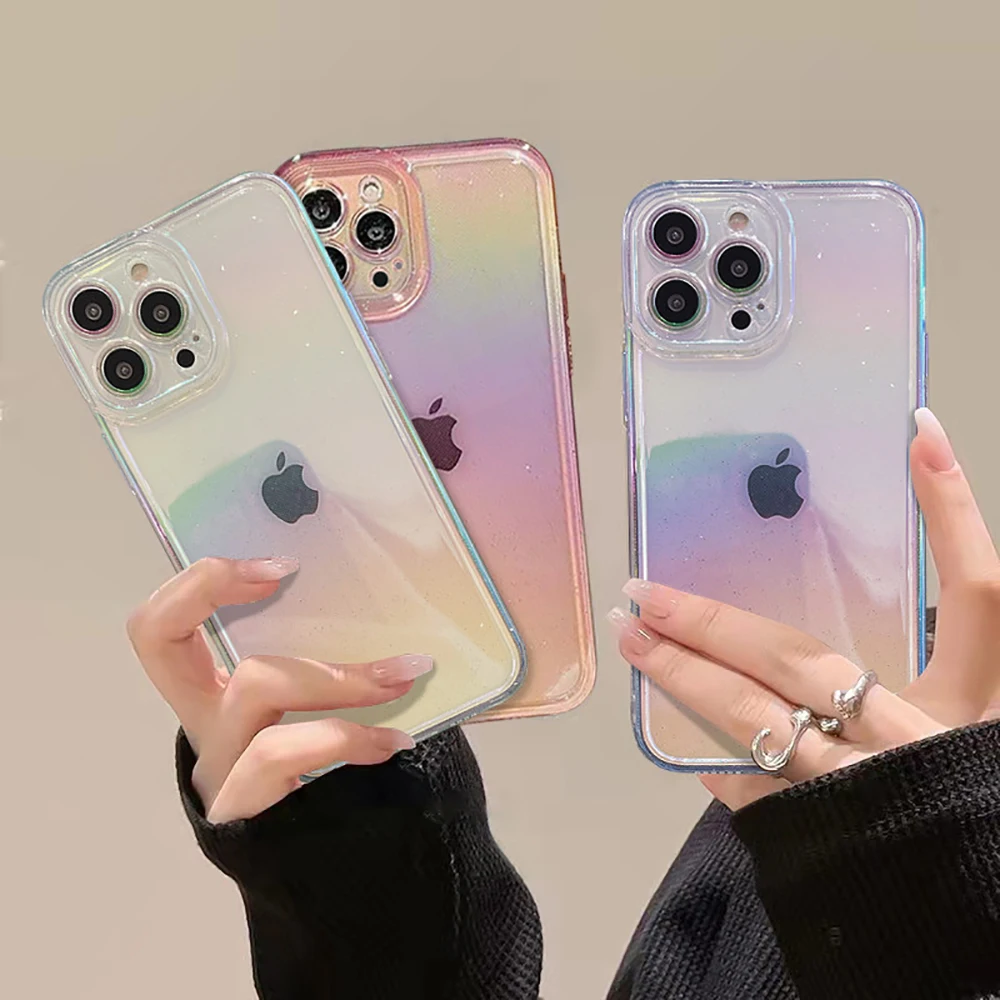 

Bling Glitter Fashion Gradient Rainbow Laser Phone Case For iPhone 13 12 11 14 Pro Max XR X XS Clear Soft Shockproof Back Cover