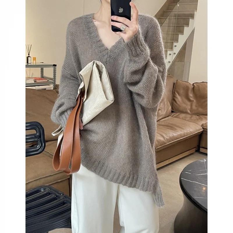 Осенняя женская одежда Idle Sle с v-образным вырезом мягкий клейкий мохеровый свитер
