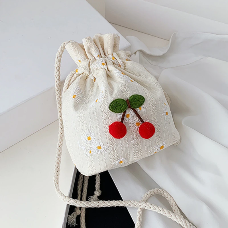 

Summer Woven Women Shoulder Bag Seaside Holiday Beach Portable Canvas Drawstring Bucket Cute Cherry Student Girl Crossbody bag