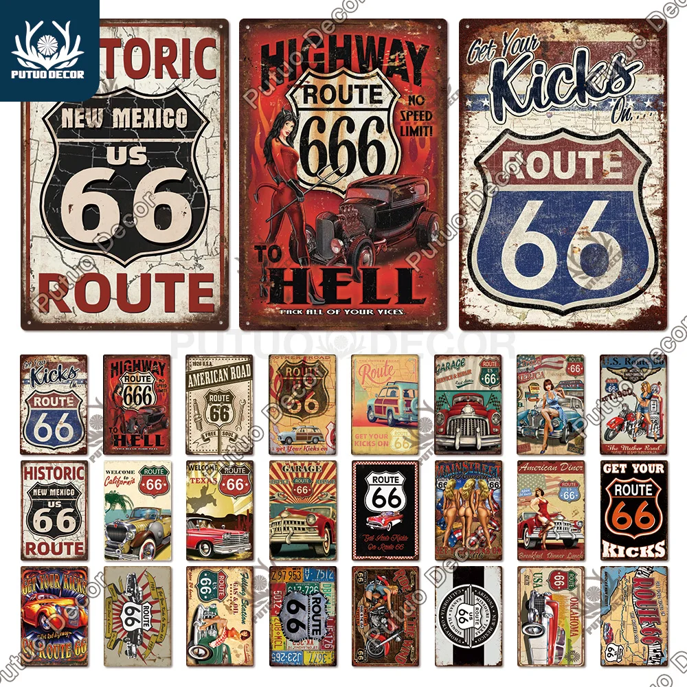 

Putuo Decor Route 66 Vintage Tin Sign Retro Metal Sign Pin up Girl Plaque for Garage Bar Pub Man Cave Gas Station Wall Decor