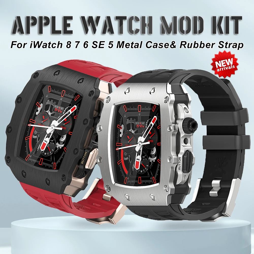

Luxury Modification Mod Kit for Apple Watch 8 7 45mm Metal Bezel Frame Fluorine Rubber Strap for IWatch SE 6 5 4 44mm Band Case