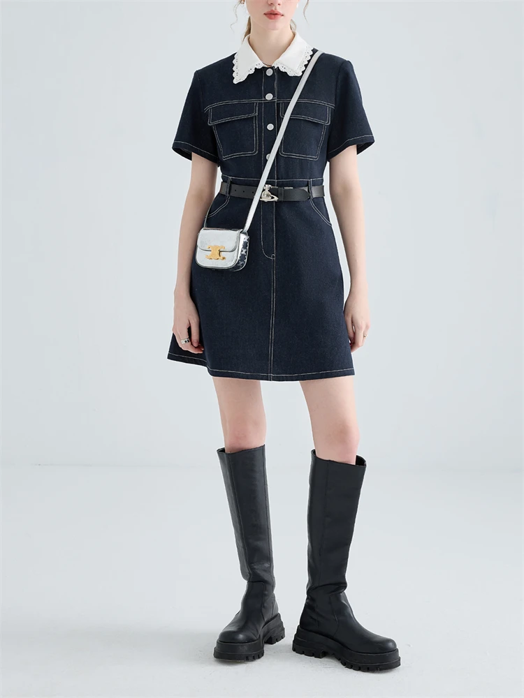 

Кружевное джинсовое платье с кукольным воротником и коротким рукавом, женское летнее Новое однобортное цельнокроеное темно-синее Короткое женское платье