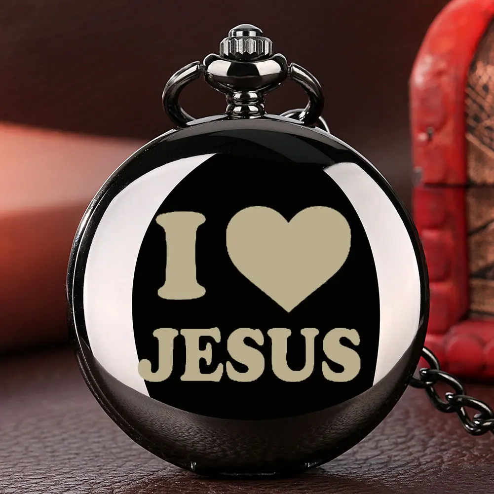 

I LOVE JESUS Steampunk Customized Quartz Pocket Watch Smooth Full Hunter Fob Chain Antique Chain Clock Religious Gifts Men Women