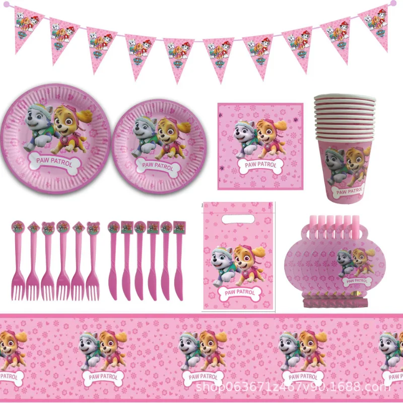 

New Paw Patrol Pink Cartoon Theme Children's Birthday Party Tissue Cup Plate Tablecloth Birthday Decoration Supplies Tableware