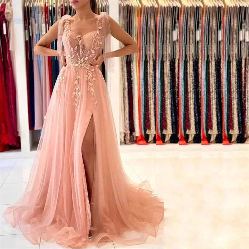 

Pink Spaghetti Strap Prom Dresses Floral Appliques Side Split Special Occasion Gown Tulle Sweep Train Evening Party Wears