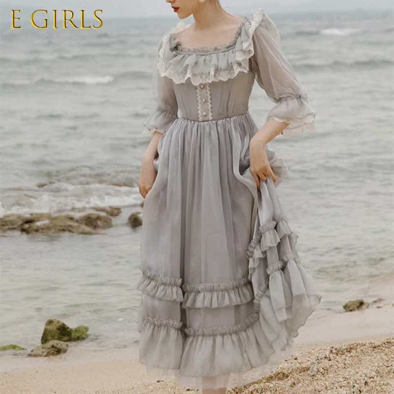 

Женское праздничное пляжное платье с квадратным вырезом, модное винтажное летнее серое лоскутное кружевное платье с оборками, великолепно...