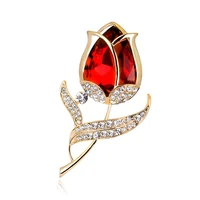 korean red tulips brooches for women crystal flower lapel pin new brooch girl fashion party jewelry gift