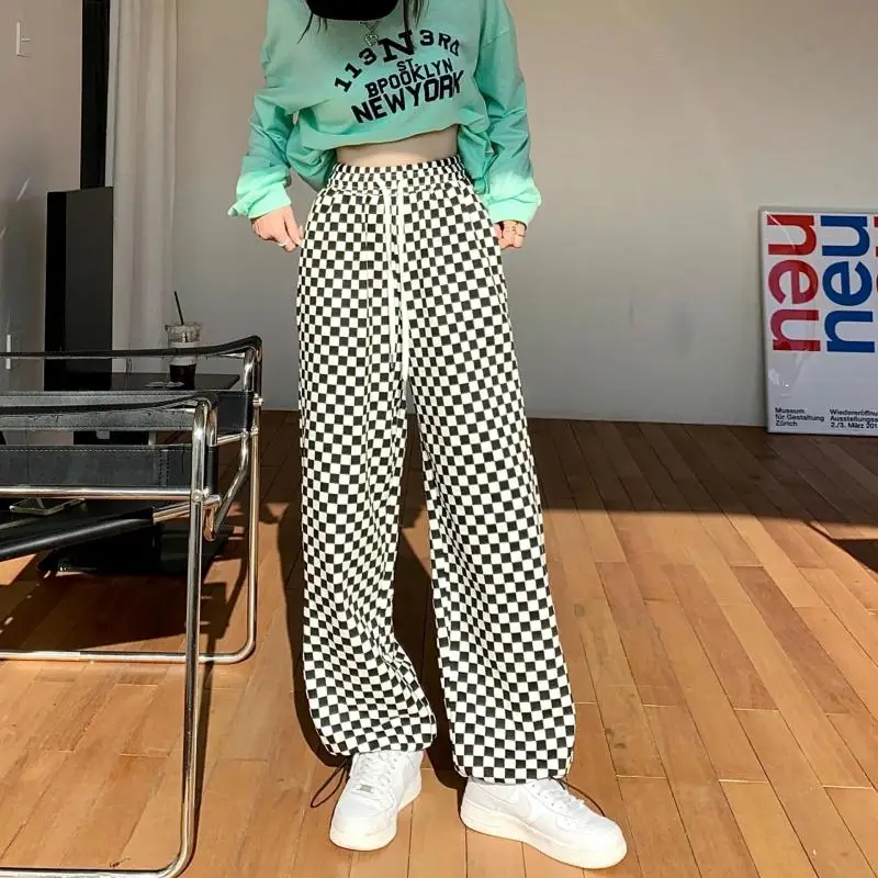 

Pink Checkerboard Plaid Casual Wide-Leg Pants Women's 2022 Spring and Summer Y2K Street Fashion Loose-Fitting Sports Pants