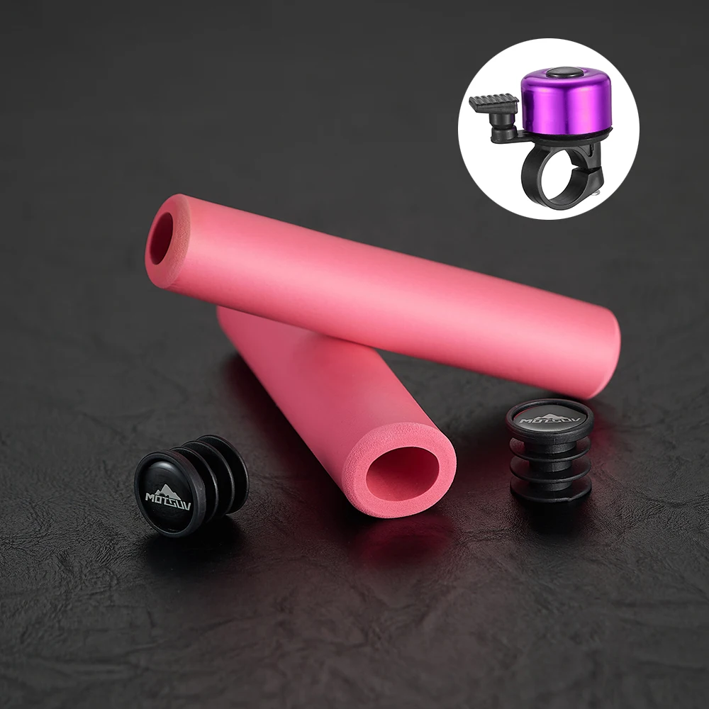 1Pair Silicone Cycling Bicycle Grips Outdoor MTB Mountain Bike Handlebar Grips Cover Anti-slip Pink with Bell ring