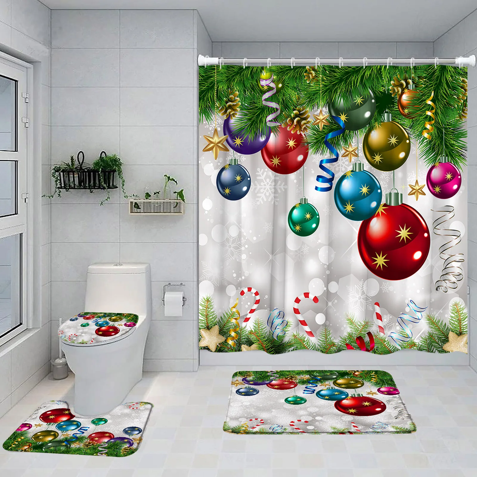 Рождественский комплект штор для душа Снеговик Рождественские елки Красный