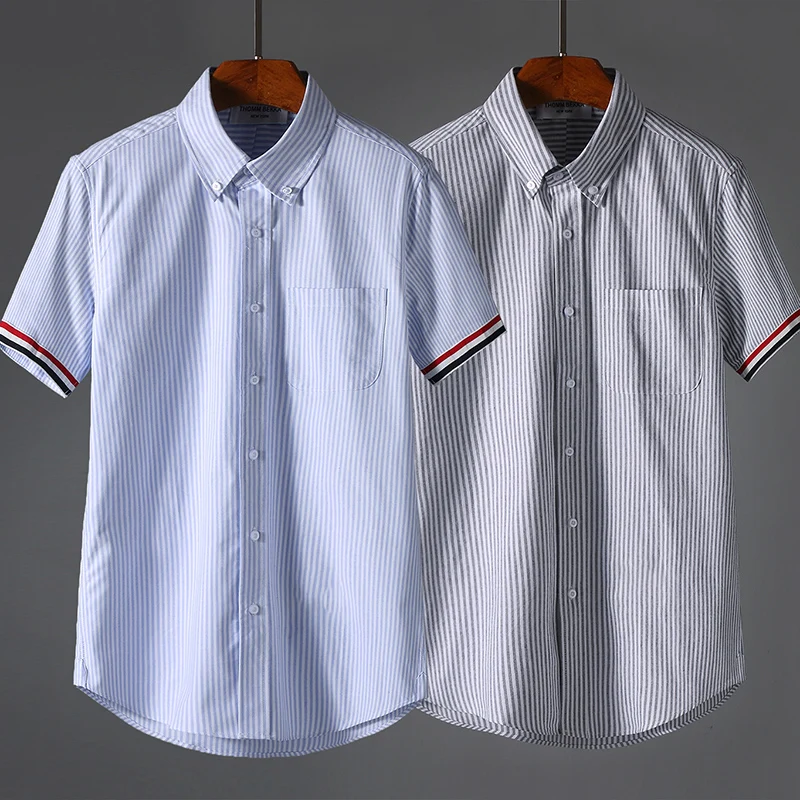 

TB THOM Men's Shirt Fashion Brand Cuff Stripe Casual Short Sleeved Shirt Summer Cotton Oxford Dropping Comfortable Shirts