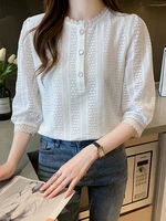 white lace blouse women three quarter top korean fashion woman clothes short sleeve shirts 2022 summer blouses camisas de mujer
