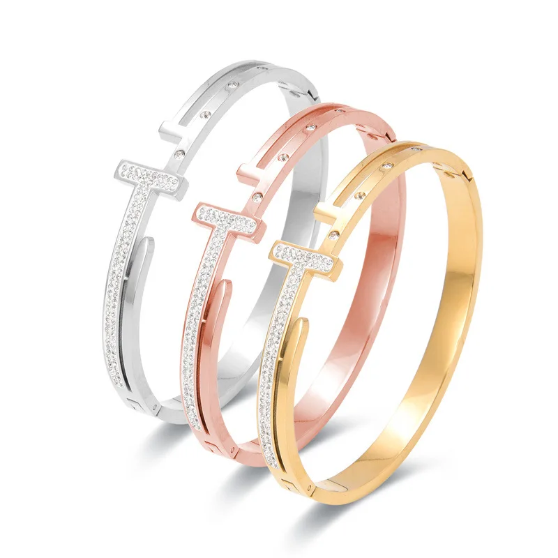 

Luxury T-shape Bracelet Shining Diamond Women Bracelets Titanium Steel Bracelets Fashion Man Bracelet Jewelry Bracelet for Women