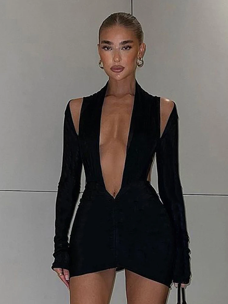 

Женское открытое мини-платье Sisterlinda, Клубное платье с глубоким V-образным вырезом, рюшами, длинным рукавом и открытой спиной, уличная одежда ...