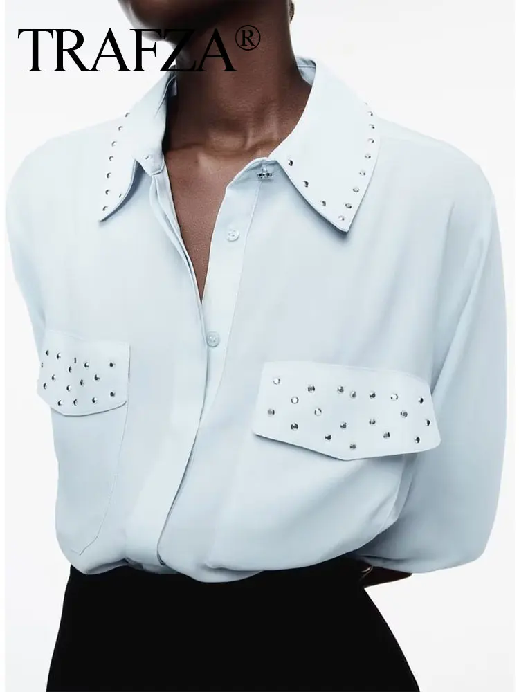 

Модная женская шикарная блузка TRAF ZA 2023 с заклепками, однотонная, с отложным воротником и длинным рукавом, нежная рубашка для зрелых, повседневный модный топ