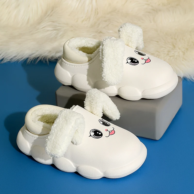 Big Fluffy Ears Slippers For Children Boy Girl Waterproof Fur Clogs Babi Shoes Closed Back Slipper Mom Kids Family Home Loafer