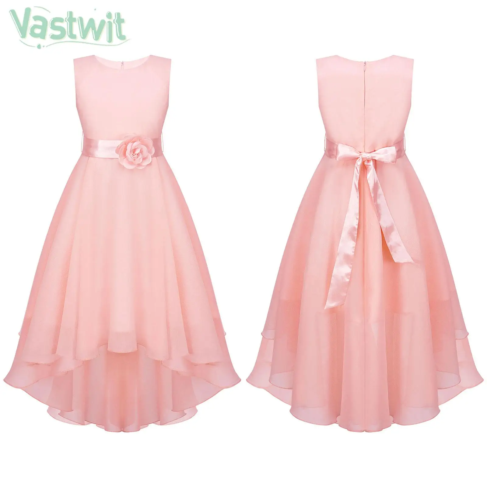 

Kids Girls Formal Wedding Birthday Chirstmas Party Dress Sleeveless Elegant Hi-lo Hem Applique Evenning Gown Princess Dresses