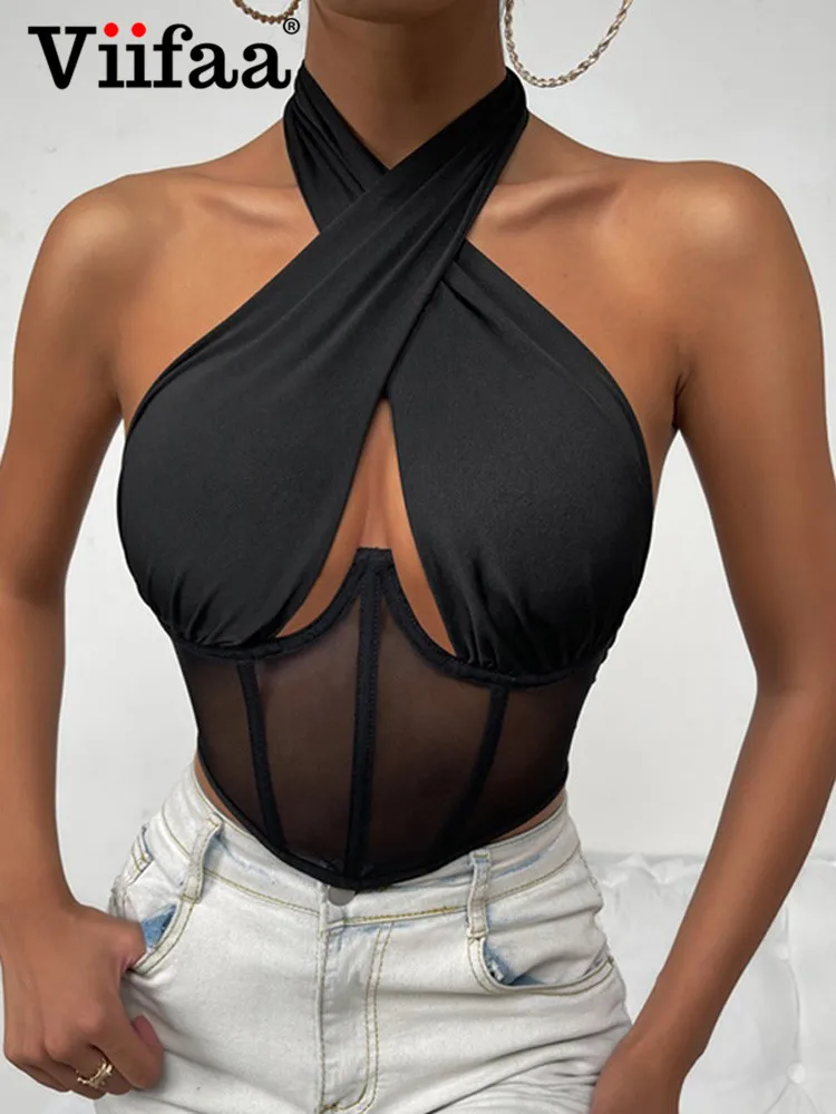 

Viifaa Sexy Hollow Out Criss-Cross Halter Mesh Corset Top Women Clubwear 2022 Summer Clothes Backless Black Tank Tops
