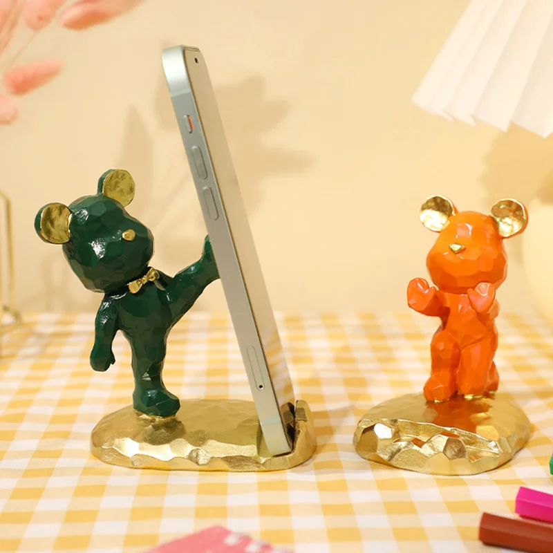 

Kawaii Bear Figurines Ornament Home Decoration Desk Accessories Creative Mobile Phone Stand Resin Craft Room Decor Supplies
