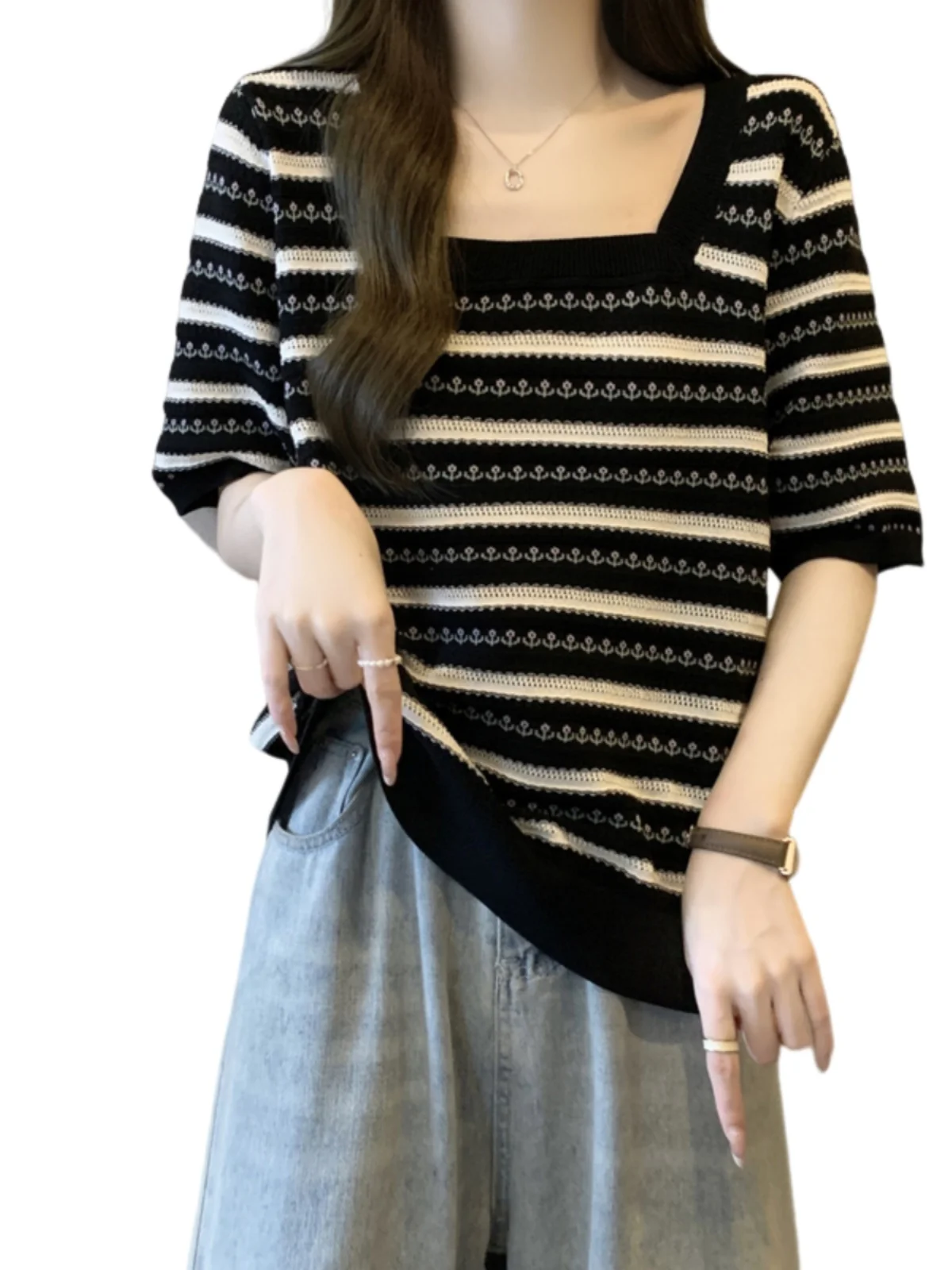 Plus Size Plus size women clothing Belly Covering Stripe Contrast Color Short sleeve Bottoming Shirt Summer Chubby Girl Loose...