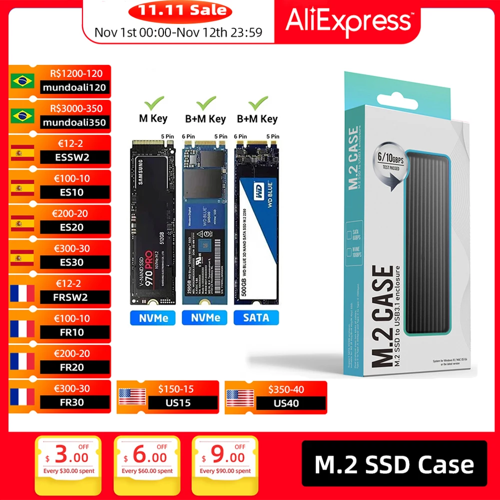 

M.2 NVMe SATA SSD Enclosure Reader,10Gbps USB C 3.1 Gen2 NVMe External Enclosure Supports M key B&M Key 2230/2242/2260/2280 SSD