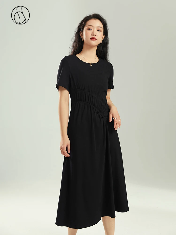 

DUSHU Slightly Fat Lady Round Neck Short Sleeve Gathered Casual Long T-Shirt Dress Office Lady Solid Straight Summer Dress