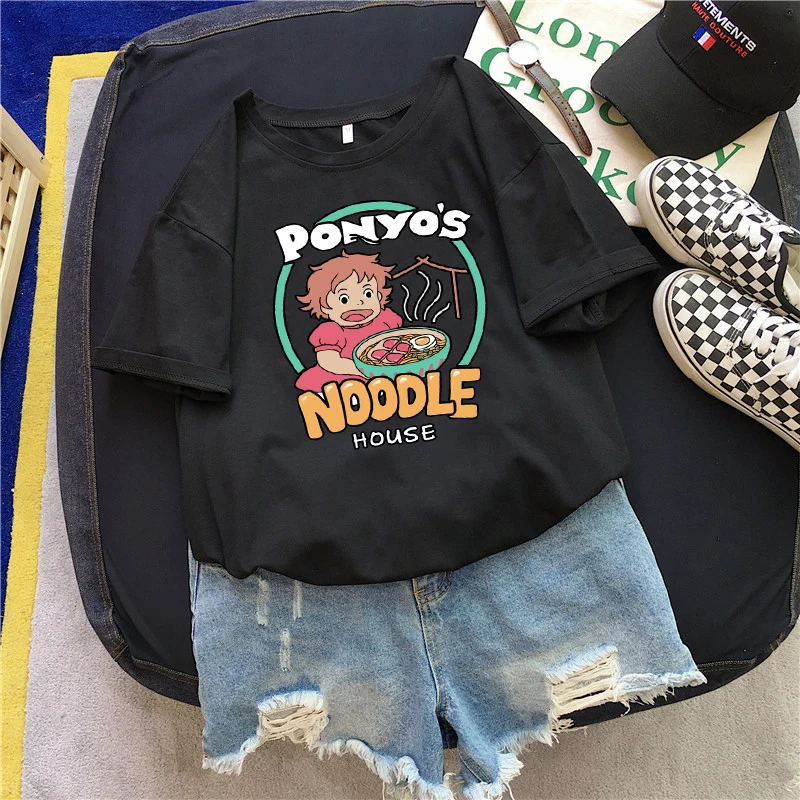 

Футболка женская в стиле Харадзюку, повседневная винтажная рубашка в Корейском стиле с принтом лапши, кошки, топ в стиле ольччан, черная, на ...