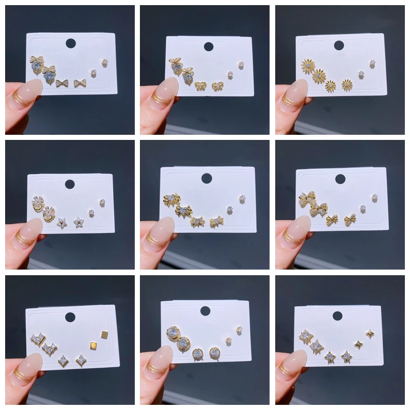 

Trend 3 Pairs Cubic Zirconia Stud Earrings Set Gold Color Bowknot Heart Flower Women Party Jewelry