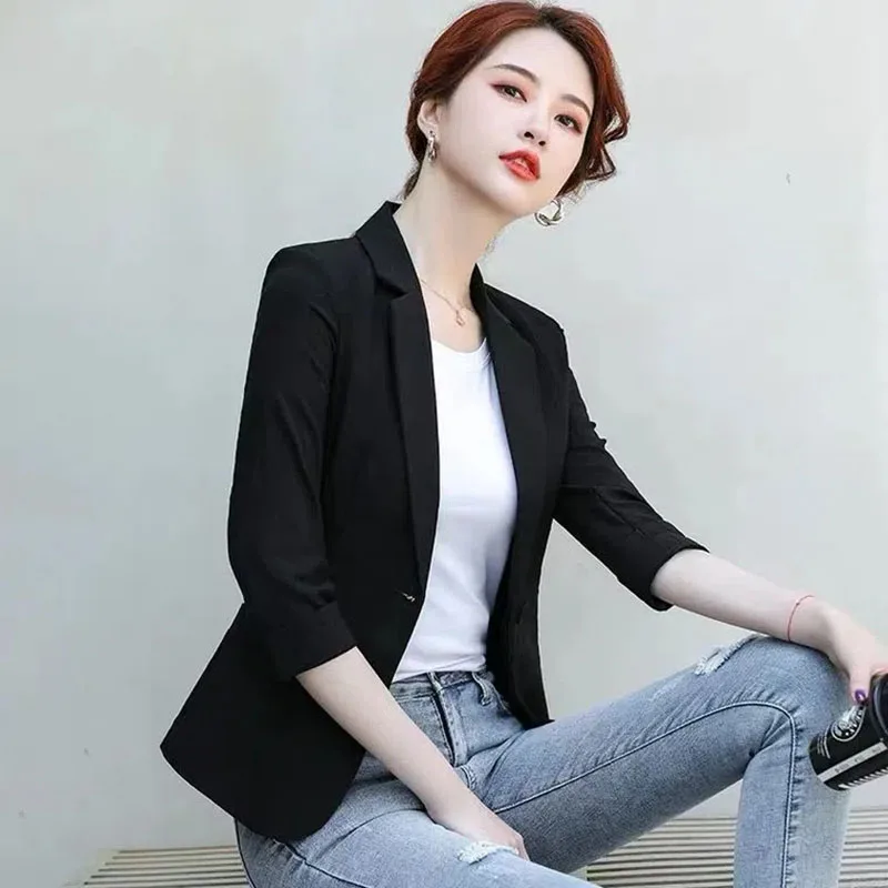 2023 New Spring Summer Korean Fashion Women Blazer Coats Three Quarter Sleeve Slim Casual Jacket Female Suit Outwear Ladies Tops