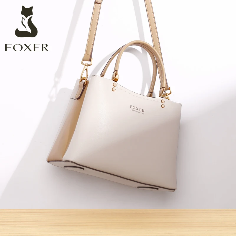 FOXER Middle Aged Women Fall Winter Tote Bag Cowhide Leather Ladies Handbag Female Multi-Function Commute Shoulder Messenger Bag