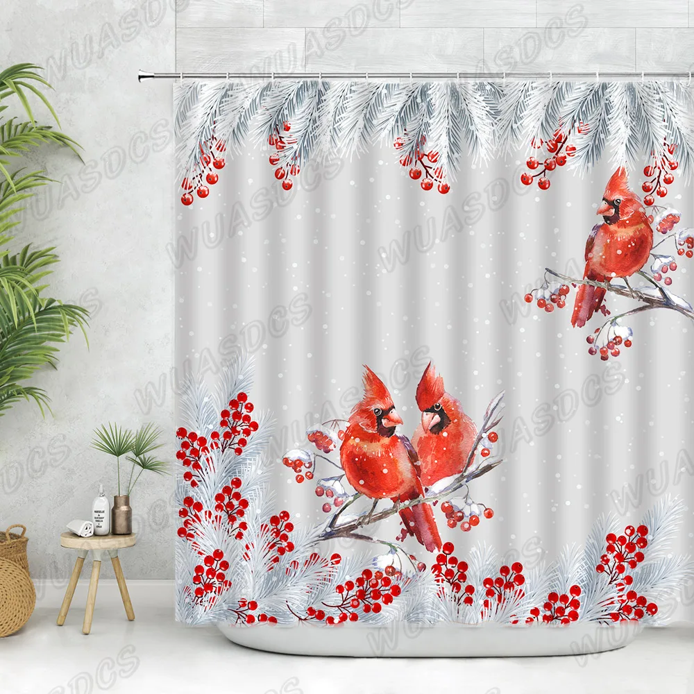 

Cedar Branch Red Bird Shower Curtains Set Winter Snow Landscape Tropical Leaves Plant Palm Leaf Christmas decor Bathroom Curtain