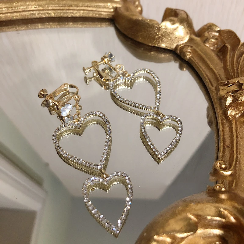 Изысканные блестящие серьги-подвески в форме сердца из циркония для женщин, роскошные женские серьги-клипсы для свадебных торжеств