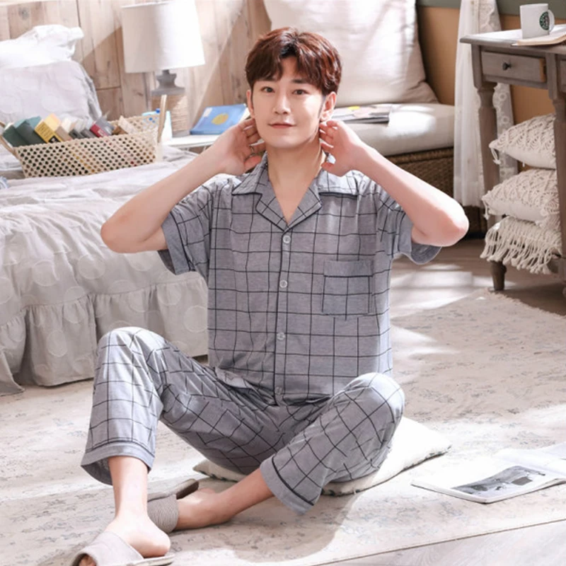 QUHENG Cotton Pijama for Men 2 Pieces Lounge Sleepwear Summer Short Sleeve Bedgown Home Clothes Man  for Sleeping Pajamas Set