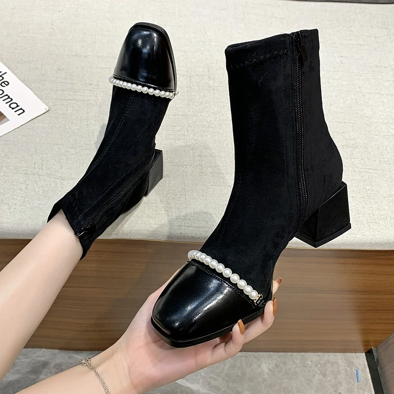 

Современные женские ботинки с бусинами в стиле пэчворк, женские эластичные ботинки челси на толстом высоком каблуке, зимние ботинки из флок...