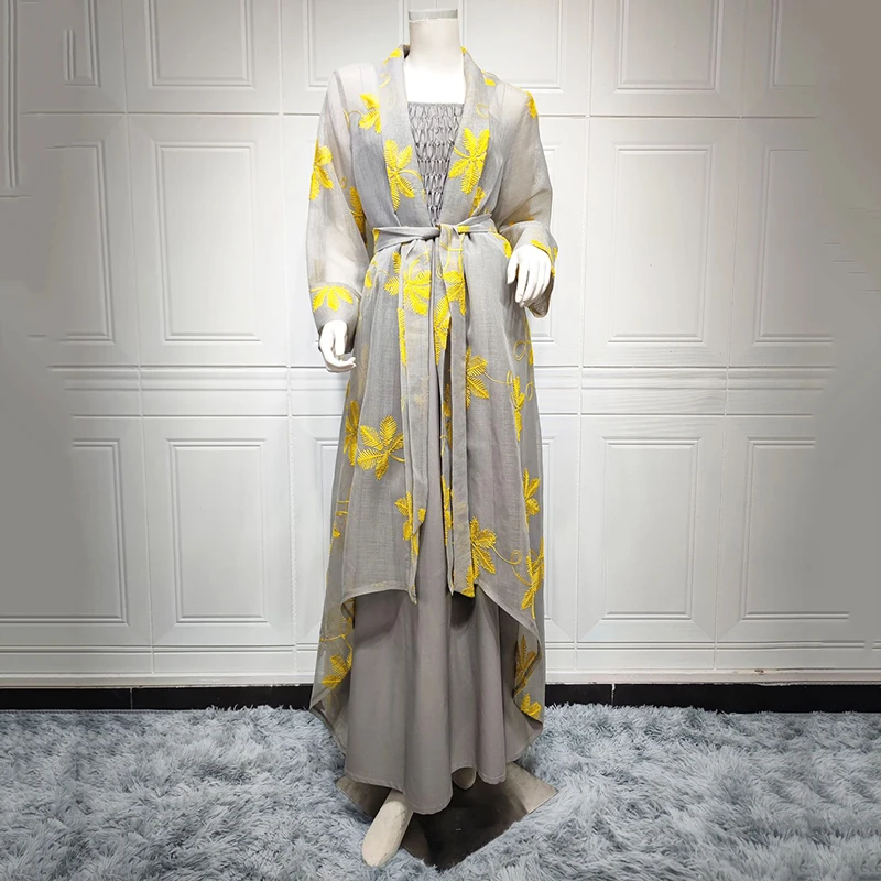 Mesh 2 Piece Abaya Set Muslim Embroidery Long Slip Flower Maxi Dress For Women With Belt Islamic Arab Dresses Dubai And Turkish