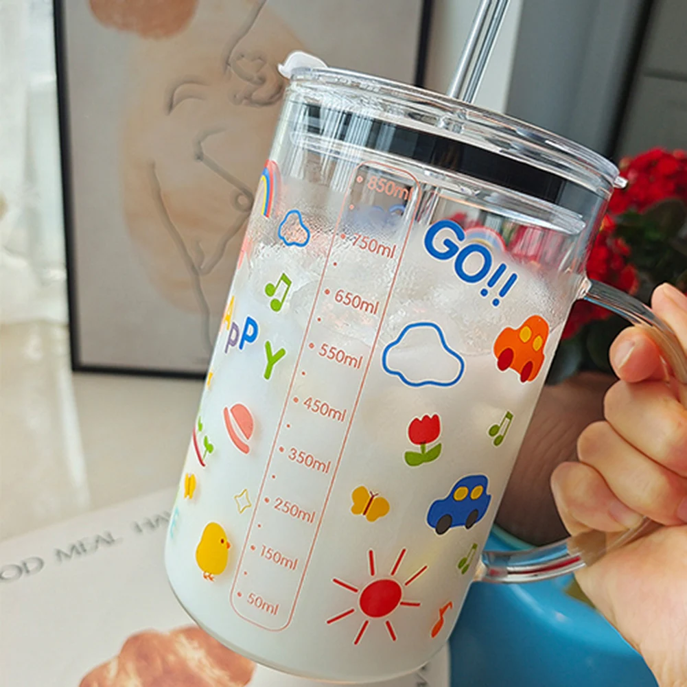 

Portable 1000ml Cartoon Glass Cup With Lid Drink Cup Milk Cup Large Capacity Graduated Glass Transparent Water Cup With Straw