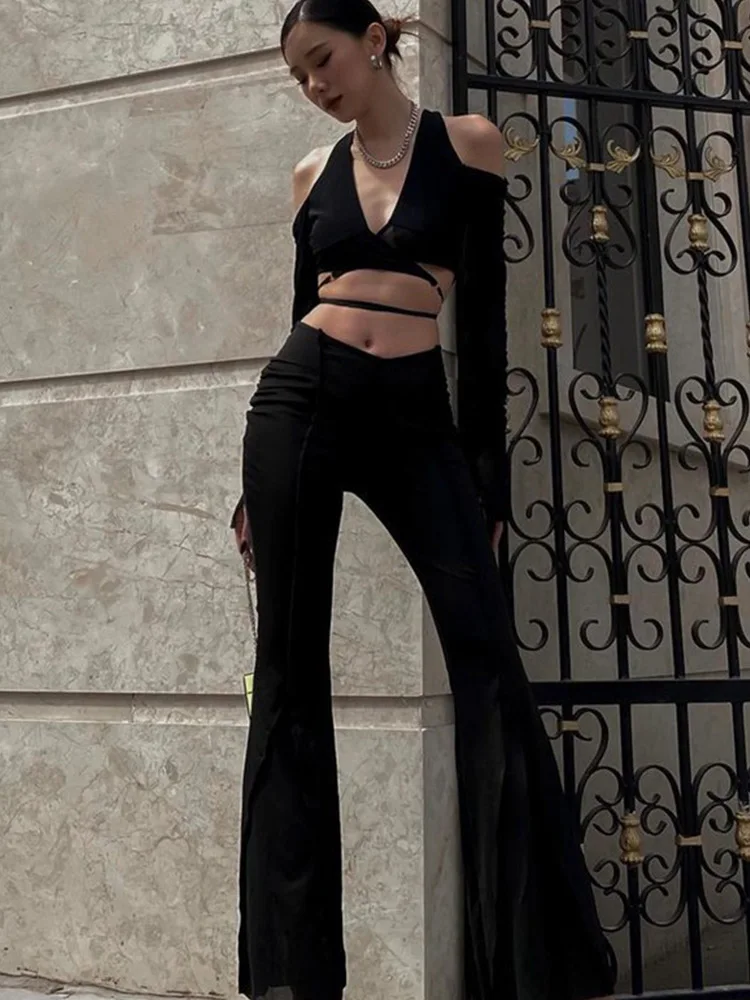 Сексуальные черные укороченные топы уличная женская мода 2024 футболки с длинными