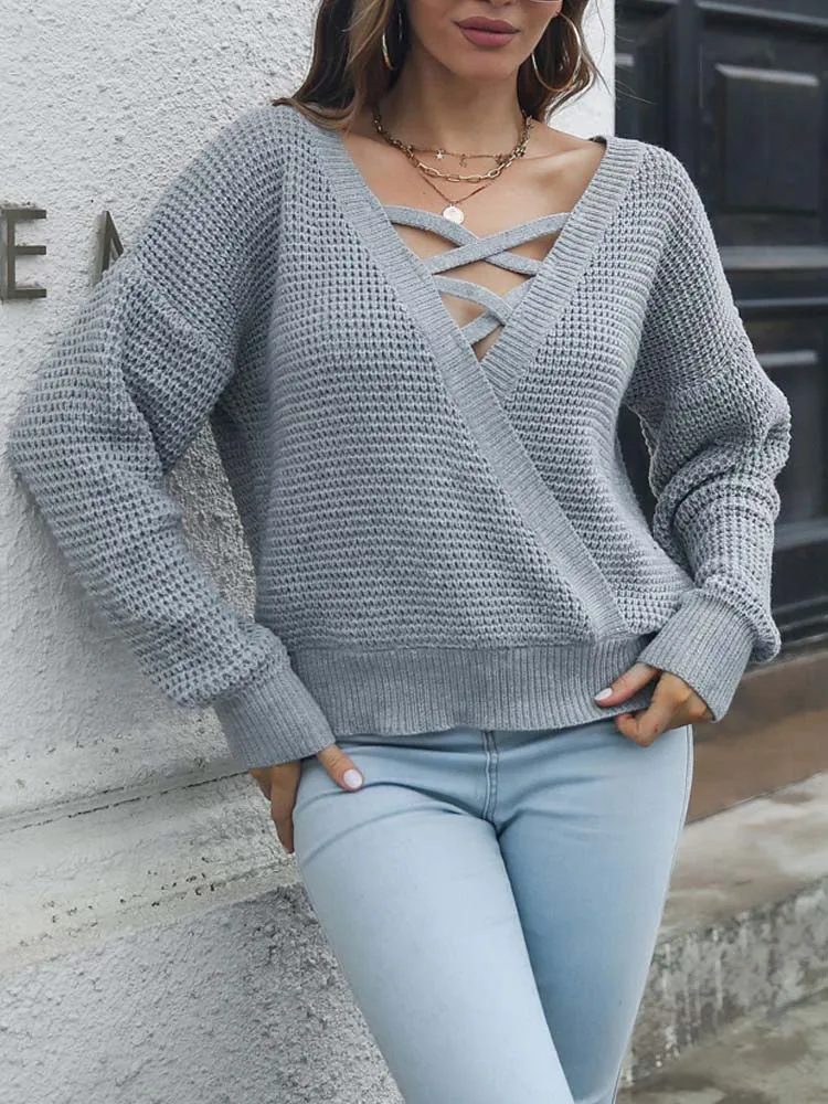 

Women Deep V Neck Sweater Pullovers Ladies Loose Causal Criss Cross Sweaters Jumper Knitwear 2022 Autumn Winter Knitted Sweater
