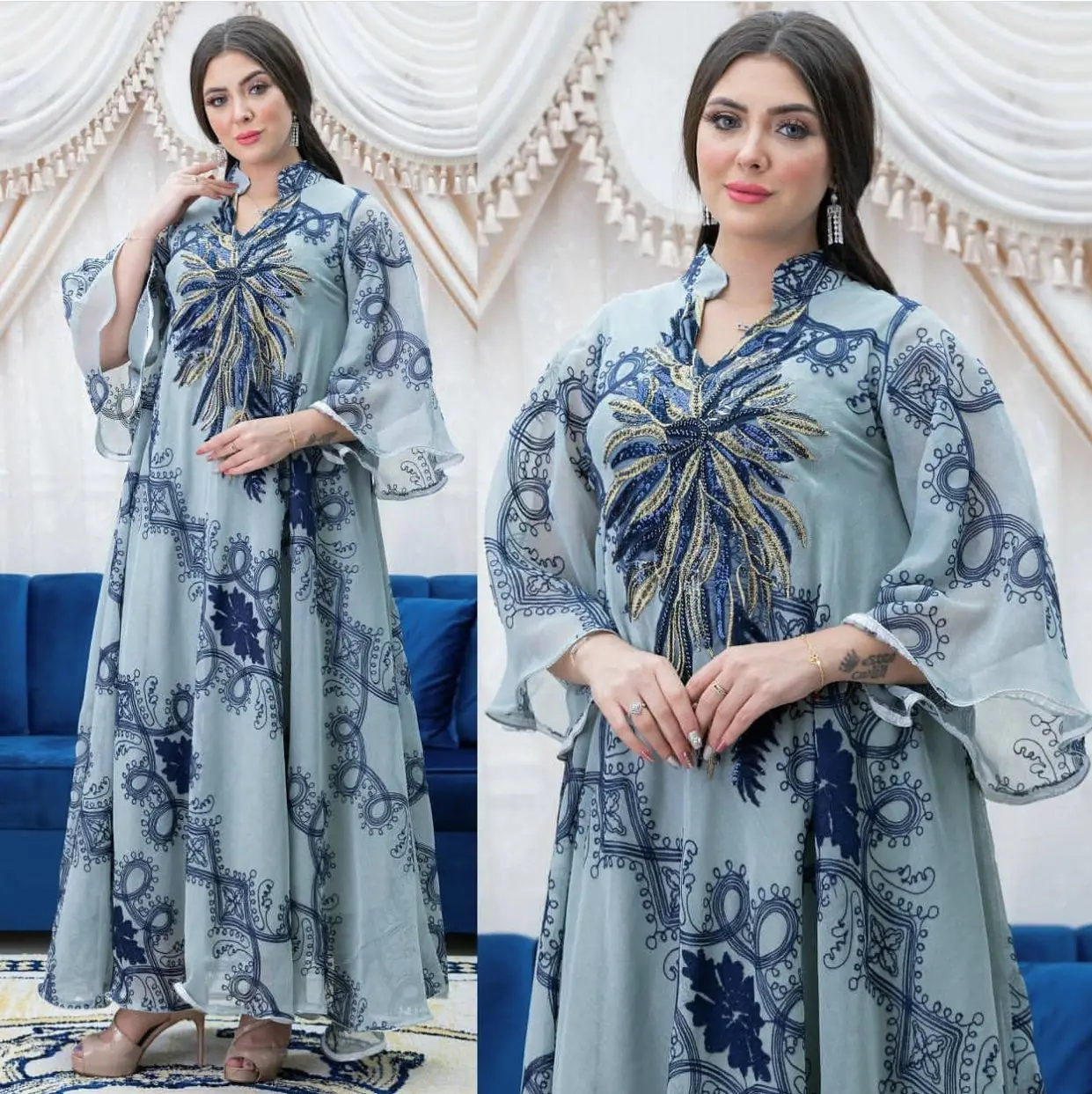 High Quality Dubai Luxury Long Sleeve Womens Dresse Muslim Fashion Malaysia Abaya Sequin Embroidered Middle East Ethnic Clothing