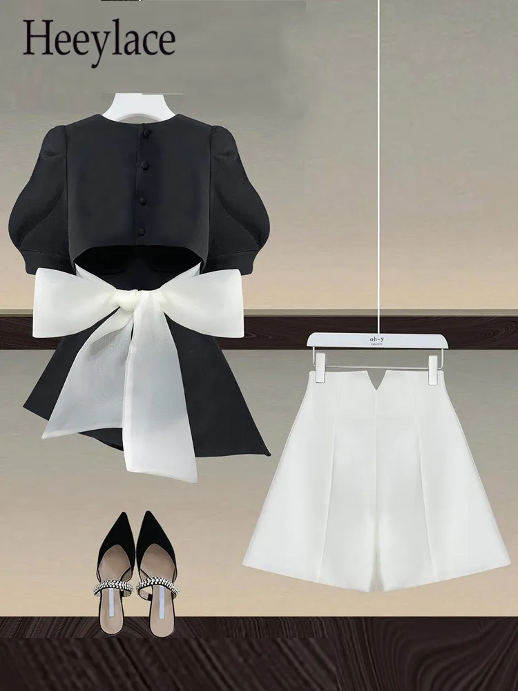 

Women Summer Shorts Two Pieces Set Office Ladies Backless Bow Blazer Top And Midi Shorts Sets 2022 Women Clothing