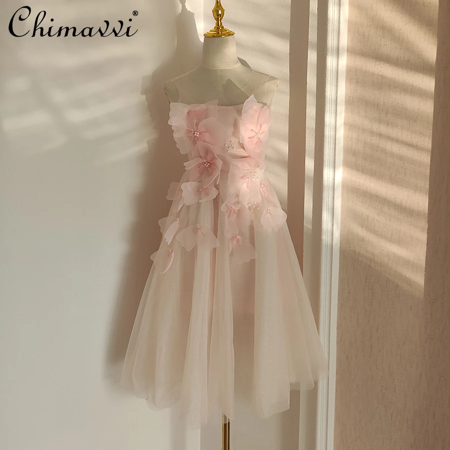 

Three-Dimensional Flower Beads Rhinestones Mesh Dress for Ladies 2022 Summer New Round Neck Sleeveless Slim fit Dress Female