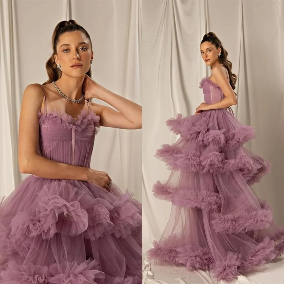 

Vintage Purple Prom Dresses Puffy Tiered Ruffles Sleeveless Evening Gowns Floor Length Celebrity Graduation Party Robe De Soiree
