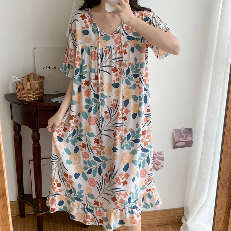 Short Sleeve Women Nightgown Sleepdress Printing Home Clothes Cotton Lounge Pijamas Homewear Vestidos De Noche пижама
