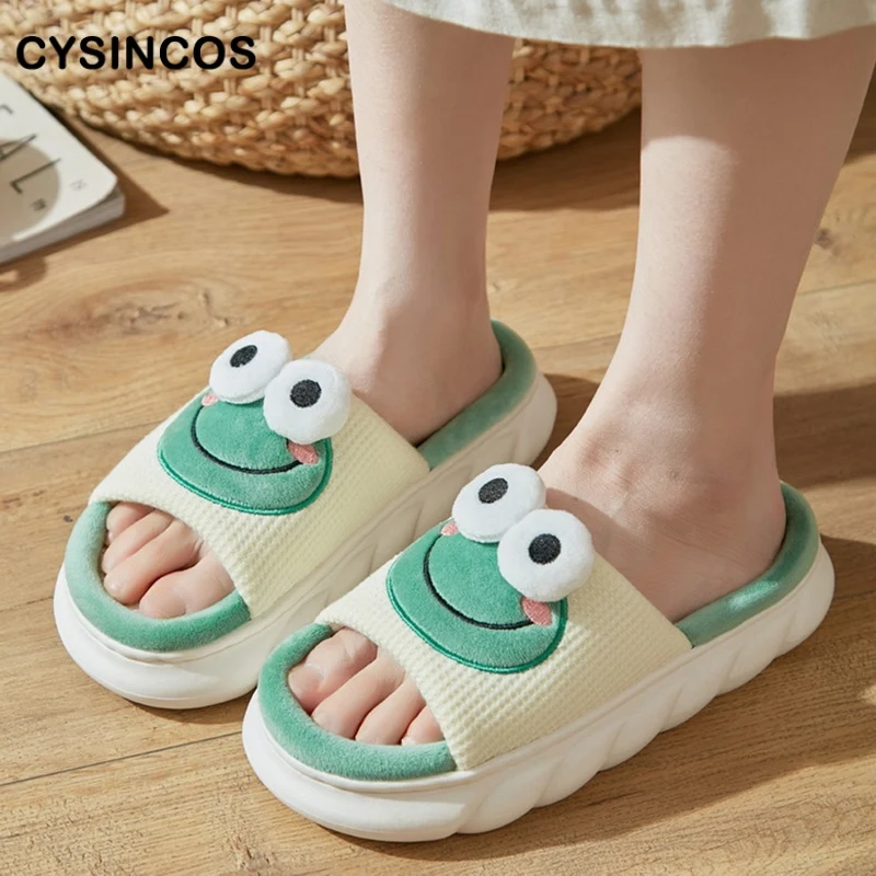 

2022 Cute Cartoon Frog Linen Slippers Women Shoes Non Slip Thick Bottom Spring Summer Indoor Outdoor Home Slippers Female Slides