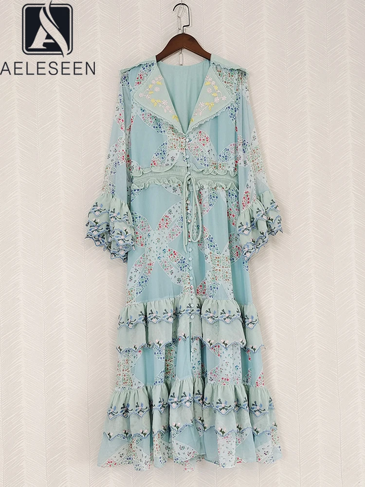 

Женское подиумное платье AELESEEN, высококачественное платье с v-образным вырезом и цветочной вышивкой, каскадные оборки, Элегантное Вечерние, тюль, весна-лето
