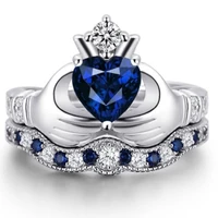 2020 trendy hand holding blue crystal heart shaped crown ring set for women for engagement party wedding jewelry accessories