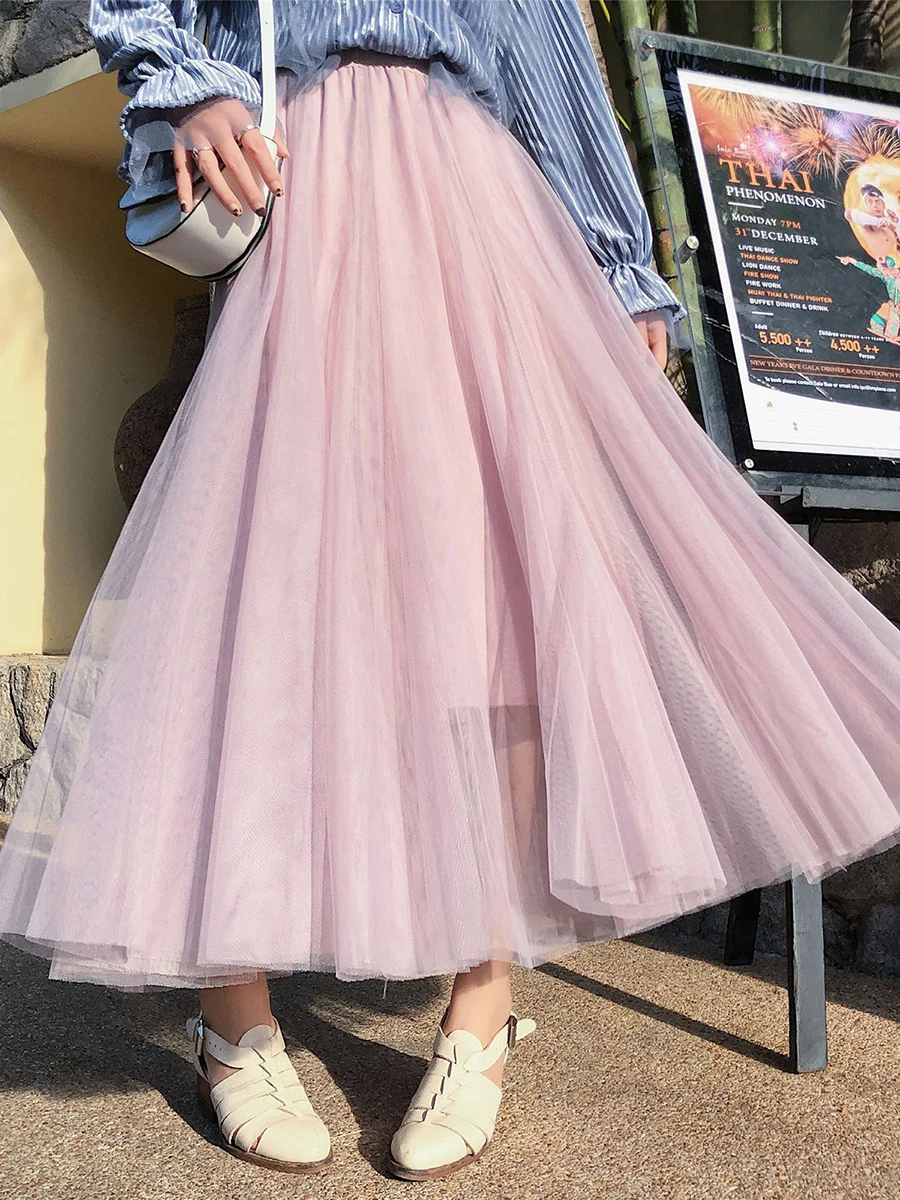 

Vintage Tulle Skirt Women Elastic High Waist Layers A-line Pleated Mesh Skirt Long Bride Tutu Skirts Female