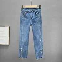 thin cropped jeans for women 2022 summer new stretchy hot rhinestone straight leg pants fashion blue cowboy pants lady slim jean