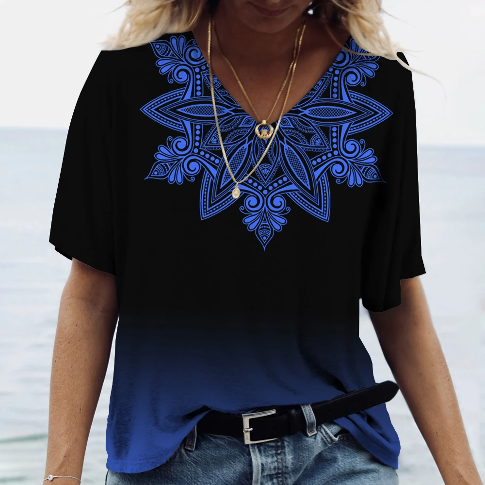 

Gradient Women's T-shirt Cotton V Neck Short Sleeve Tops Female Oversized Casual Streetwear 3D Printed Harajuku Y2k Clothes Tees