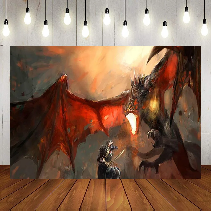 

Fantasy World Tapestry Photography Decoration Birthday Backdrop Medieval Red Dragon Human War Mythology Themed Background Banner